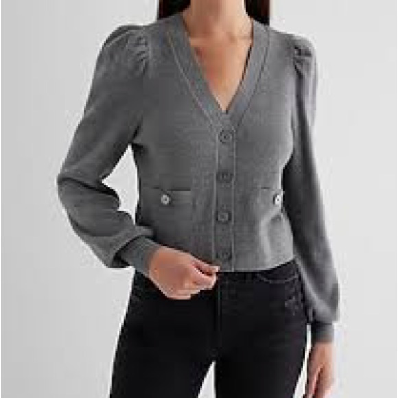 Express Shine Tipped V-Neck Cardigan Gray - Picture 6 of 6